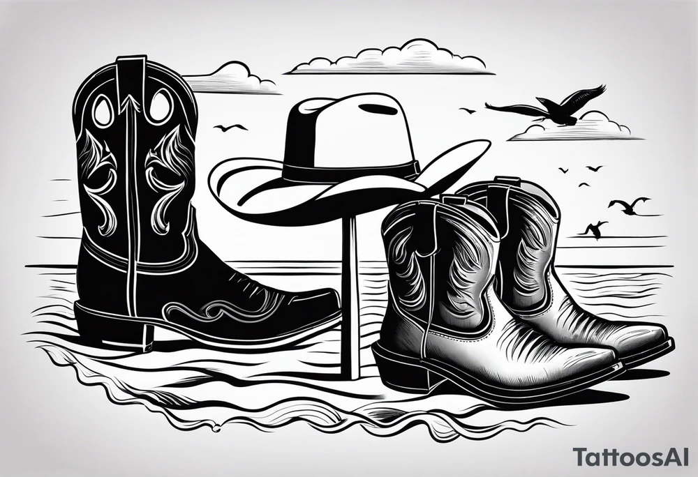 A pair of mens boots, a pair of flip flops and a cowboyhat on the Beach. Keep it simple tattoo idea