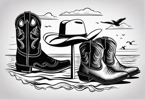 A pair of mens boots, a pair of flip flops and a cowboyhat on the Beach. Keep it simple tattoo idea