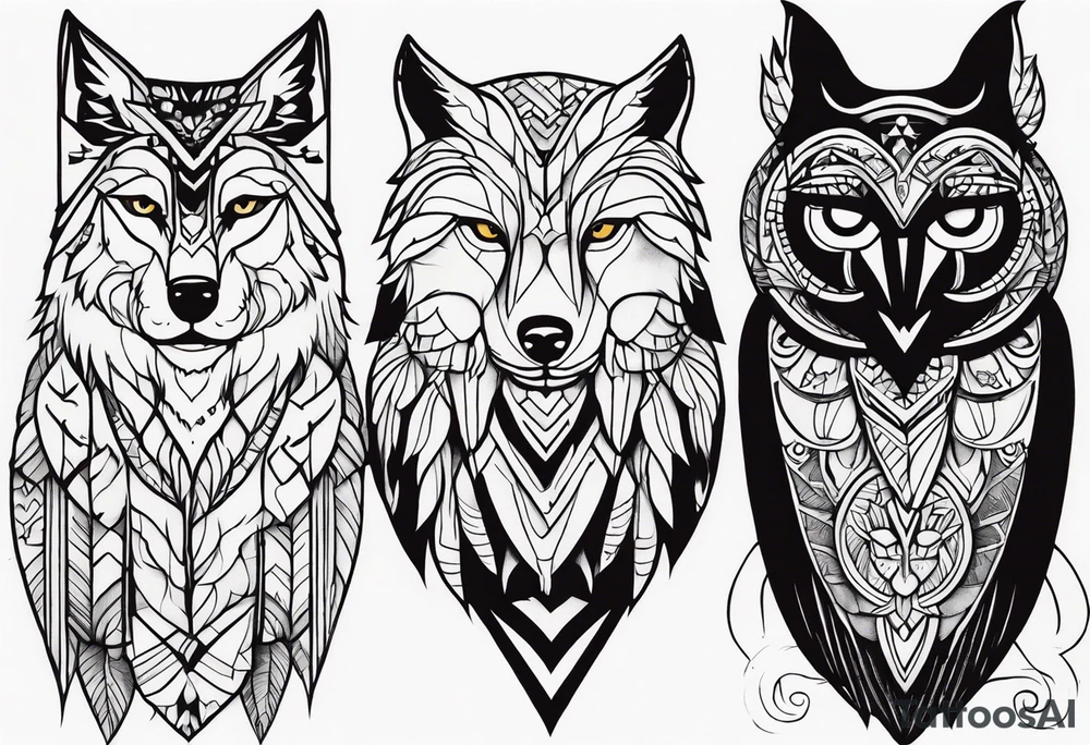 A Wolf as a father, an owl as the son and a lioness as the daughter. tattoo idea