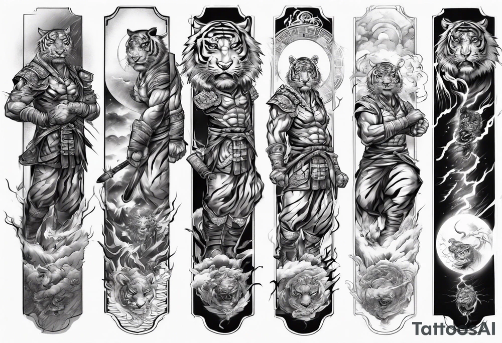 Tiger warrior with lightning and the sun for a forearm sleeve tattoo idea