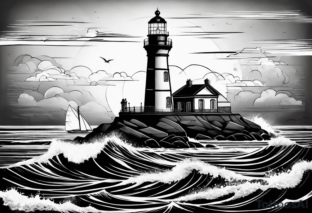 maritime lighthouse partially hidden by its 2 large fixed sails. tattoo idea