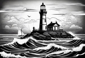maritime lighthouse partially hidden by its 2 large fixed sails. tattoo idea