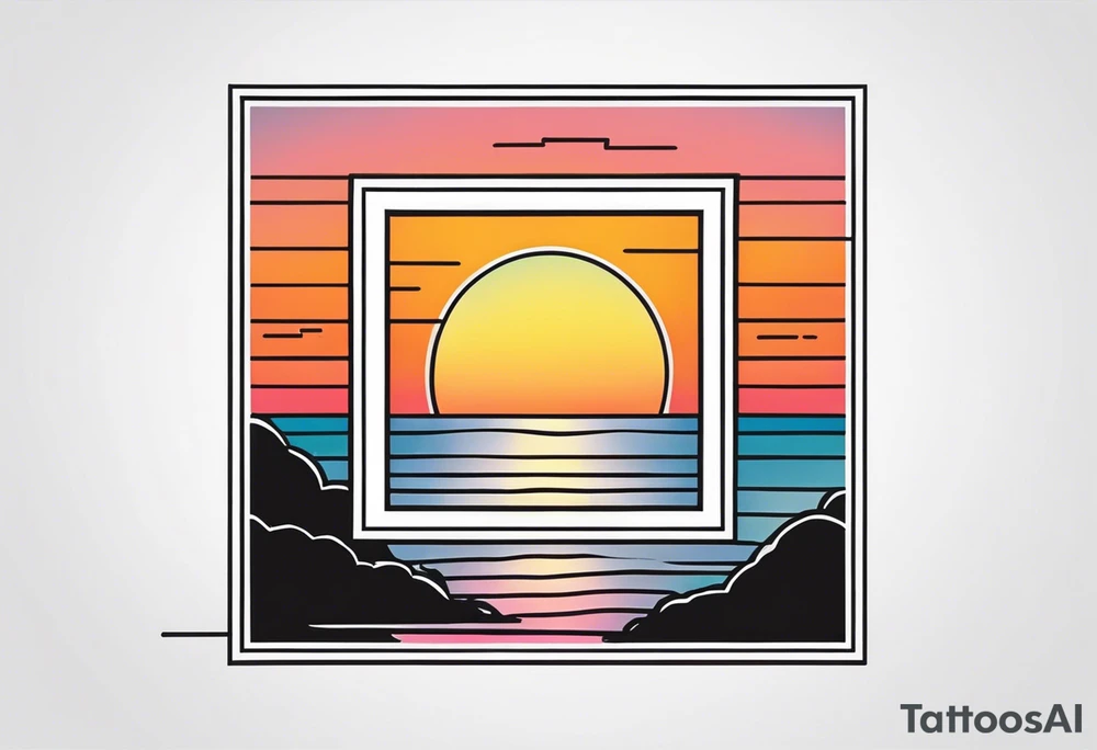 the outline of a polaroid-picture frame where the image of the picture is a sunset tattoo idea