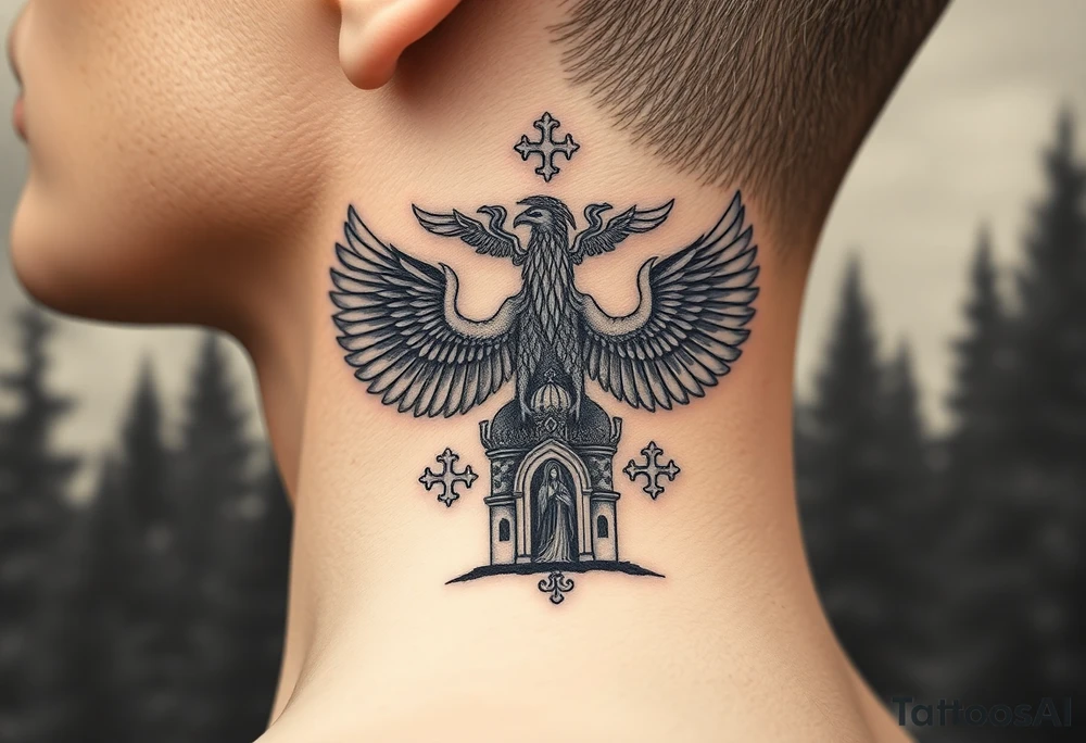 russian coat of arms double headed eagle traditional christian orthodox cross with a virgin mary stood in the entrance of a russian orthodox dome church on the side of the neck in a wilderness setting tattoo idea