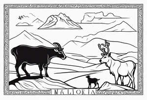 A badger, a goat and a reindeer on Noah's ark with the outlines of Map of Mallorca behind tattoo idea