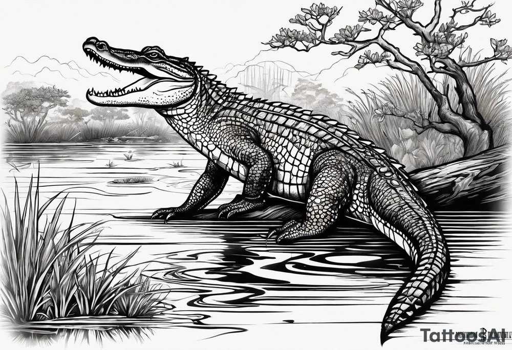 Scene live oak marsh birds alligator tattoo idea