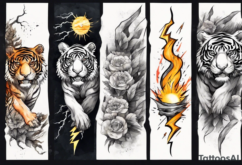 Ancient tiger with lightning and a sun for a forearm sleeve. With patterns surrounding it tattoo idea