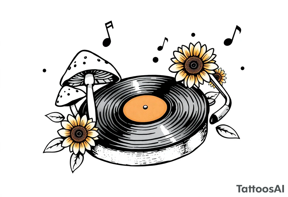 vinyl record player with mushrooms, sunflowers, and music notes around it tattoo idea