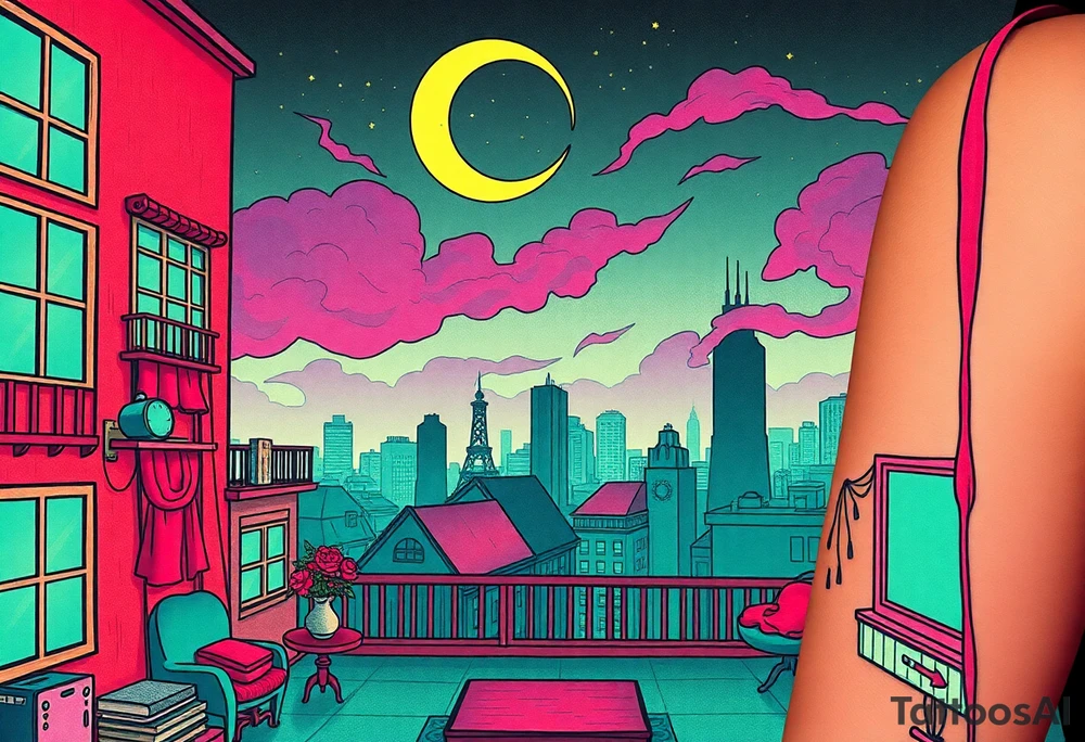 Tim Burton’s haunted pastel Tokyo apartment and dripping with muted reds, dusty pinks, and eerie green glow.purple and cyan smokey clouds swirl in the crescent moonlit sky thats sprinkled with stars tattoo idea tattoo idea