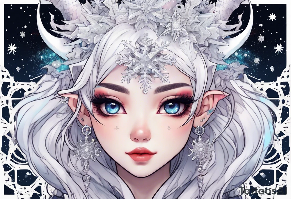 Constellation, kawaii dragon girl , snowflake tattoo idea