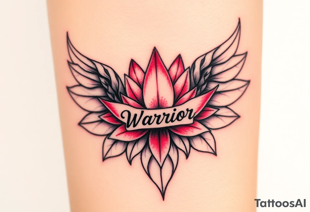 lotus flower beautiful majestic angel wing with word "Warrior" tattoo idea