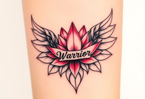 lotus flower beautiful majestic angel wing with word "Warrior" tattoo idea