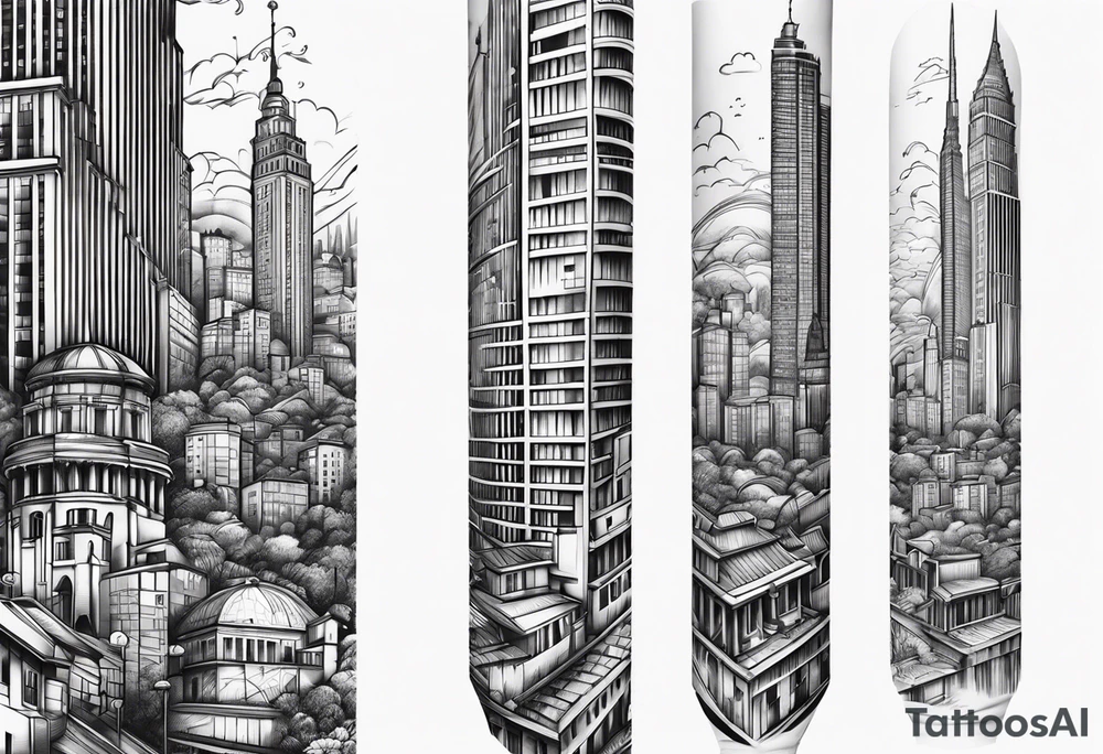 City with tall building leg sleeve tattoo idea