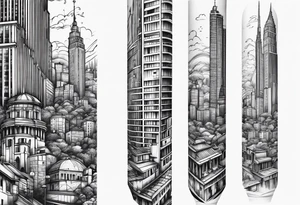 City with tall building leg sleeve tattoo idea