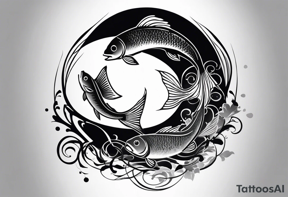 Design a half-sleeve tattoo in a smooth, shaded style with black and grey tones. The central focus is two fish swimming in a circular motion, like a yin-yang, gracefully moving in a loop. The fish should have flowing tails and fins, with soft shading that gives a sense of motion and balance.

Surround the fish with a bed, where a man is lying down but his feet stick out, symbolizing discomfort or not fitting in. The bed should blend subtly into the background, using minimal lines, to avoid distracting from the fish. The sheets or bed frame should flow into the circular motion created by the fish.

Add an astronaut floating nearby, connected to the bed scene. The astronaut should appear weightless, as if drifting in space, with their posture relaxed and slightly tilted, fitting within the circular flow of the fish. Clouds should form softly around the astronaut and the bed, blending into the scene to create a dreamy, ethereal background.

From one side of the circular fish motion, flames should emerge, adding dynamic energy to the design. The flames should be subtle but lively, with light shading, balancing the softness of the clouds with some intensity.

Finally, include the text "MMIX" in bold, sketchy font either below or beside the main design. The text should be clear but in harmony with the hand-drawn style of the fish and flames. tattoo idea