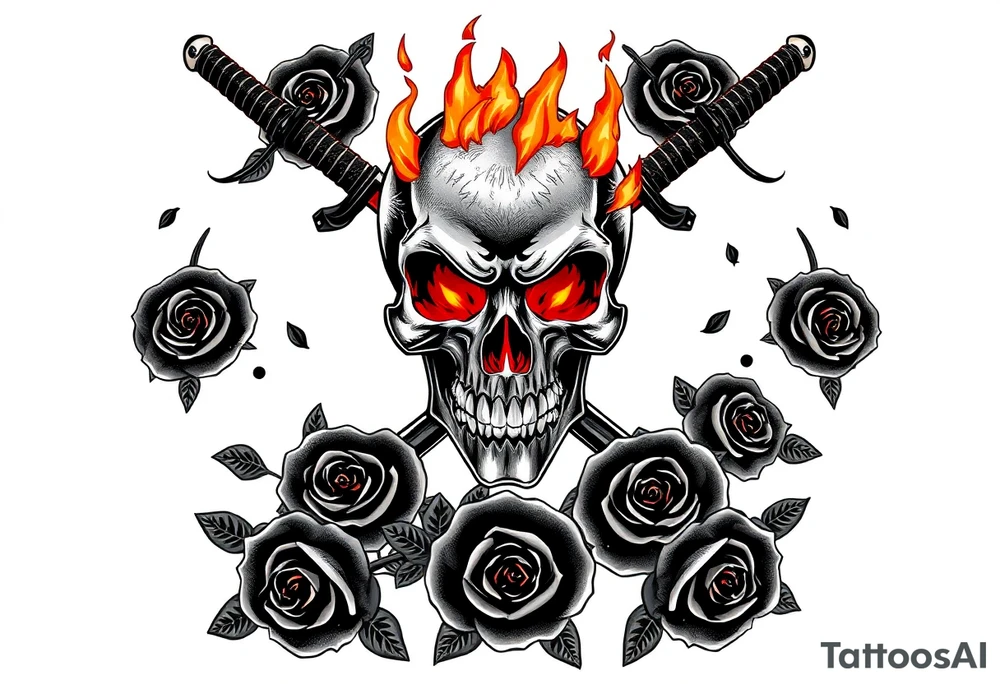 A skull burning intensely, katanas crossed, surrounded by falling dark roses. tattoo idea