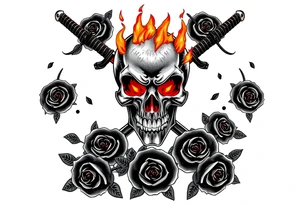 A skull burning intensely, katanas crossed, surrounded by falling dark roses. tattoo idea