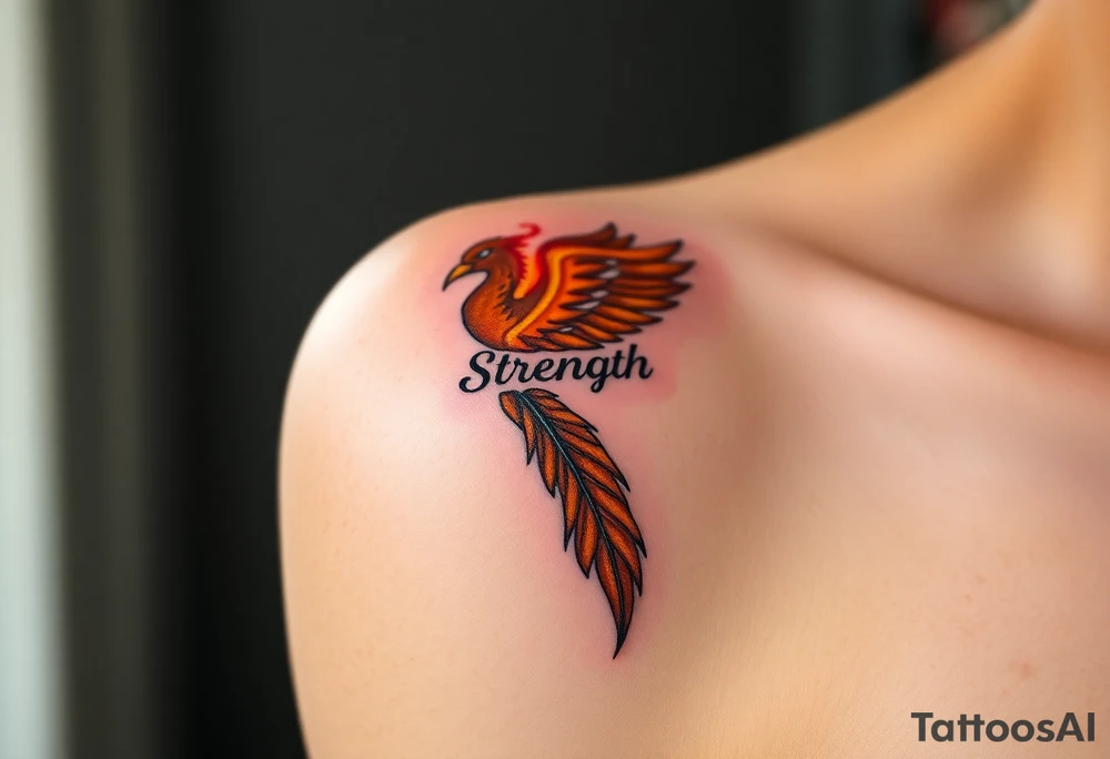 A golden phoenix feather with a fiery red glow, featuring the word "Strength", symbolizing resilience and passion in love tattoo idea