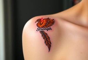A golden phoenix feather with a fiery red glow, featuring the word "Strength", symbolizing resilience and passion in love tattoo idea