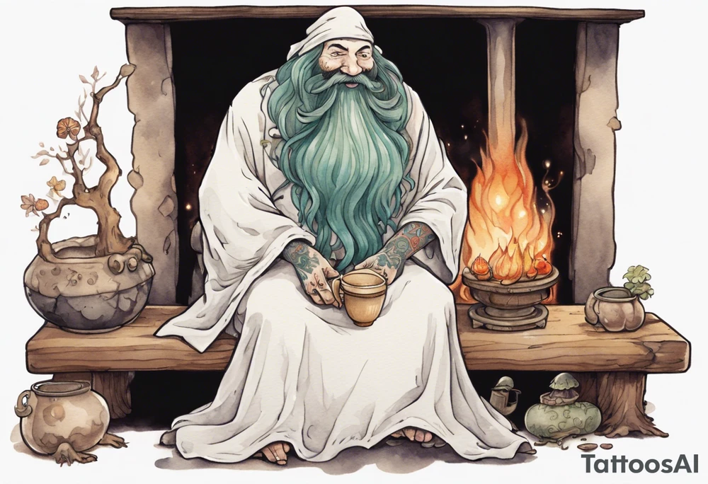 a mushroom creature with a long beard wearing a  medieval tunic sitting on a bench by a fireplace drinking from a wood cup, smiling tattoo idea