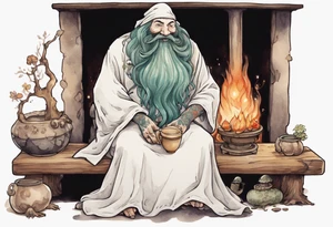 a mushroom creature with a long beard wearing a  medieval tunic sitting on a bench by a fireplace drinking from a wood cup, smiling tattoo idea