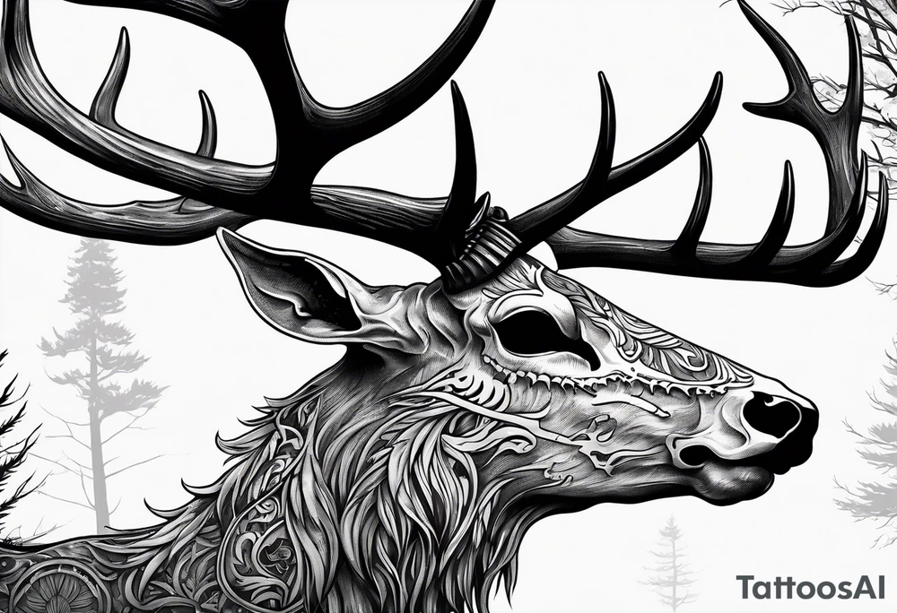 A side view of a decayed deer skull NO SKIN JUST BONE surrounded by trees and FLAMES in background tattoo idea