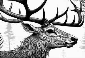 A side view of a decayed deer skull NO SKIN JUST BONE surrounded by trees and FLAMES in background tattoo idea