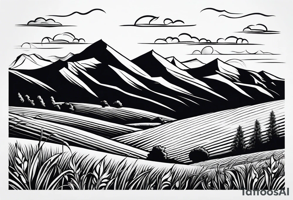 negative blackwork with mountains, hills and wheat field at bottom tattoo idea