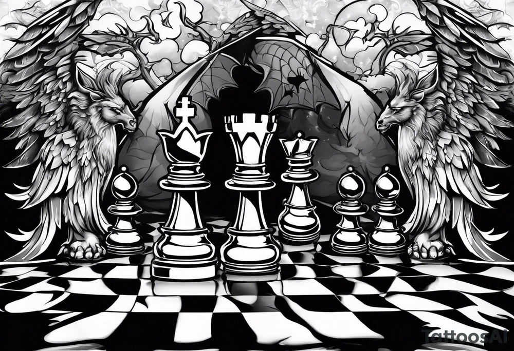 2 people chessboard with angelic and demonic chess pieces engaged in a strategic game, symbolizing the eternal battle between good and evil tattoo idea