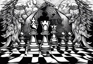 2 people chessboard with angelic and demonic chess pieces engaged in a strategic game, symbolizing the eternal battle between good and evil tattoo idea