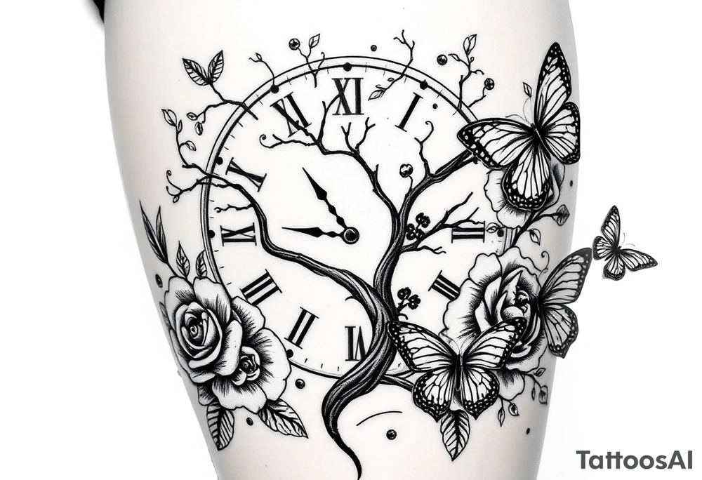 a clock, poisoned tree, big and small roses, big and small butterflies tattoo idea