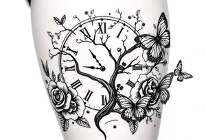 a clock, poisoned tree, big and small roses, big and small butterflies tattoo idea