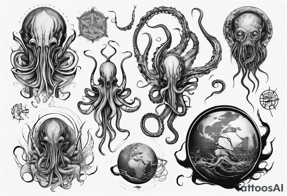 a tattoo on the theme of lovecraft, with long tentacles that embrace the earth tattoo idea