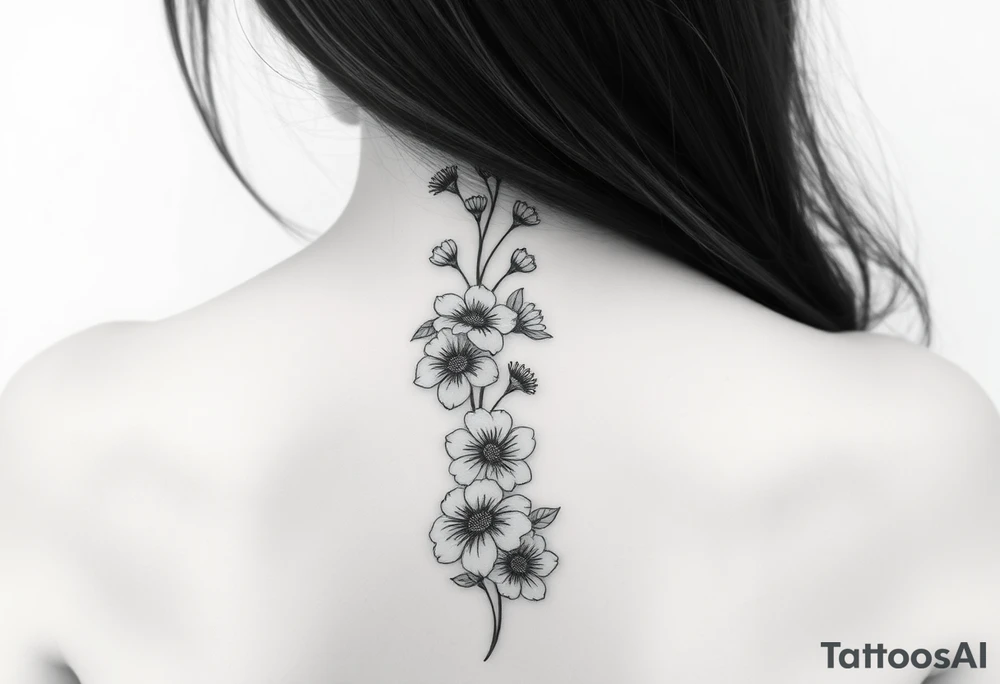 Delicate simple flowers vertically down the spine tattoo idea