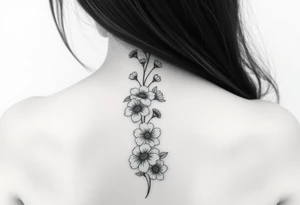 Delicate simple flowers vertically down the spine tattoo idea