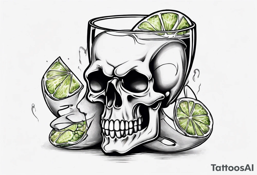 A smiling looking to the left scull inside the glass with alcohol and piece of lime tattoo idea