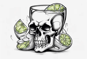 A smiling looking to the left scull inside the glass with alcohol and piece of lime tattoo idea