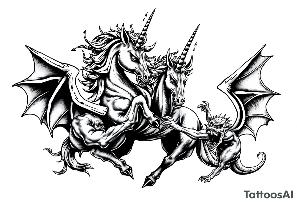 Dark unicorn evil and angry fighting with demons tattoo idea