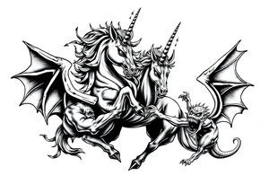 Dark unicorn evil and angry fighting with demons tattoo idea
