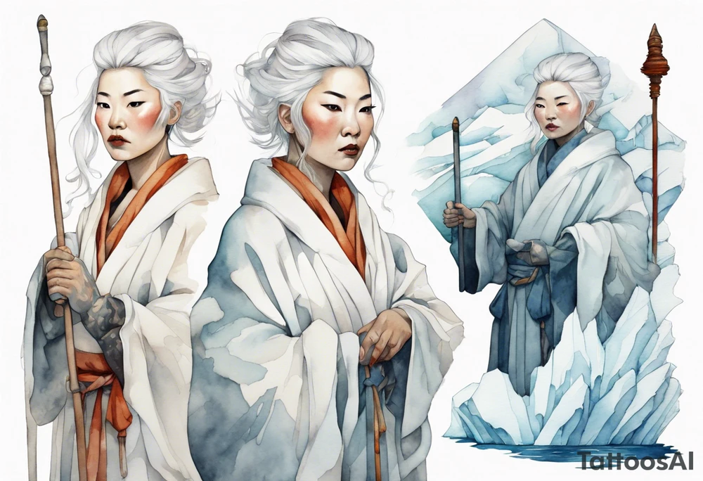 a 40 year old Inuit woman with white hair and a white robe holding a silver and white staff, standing on an iceberg tattoo idea