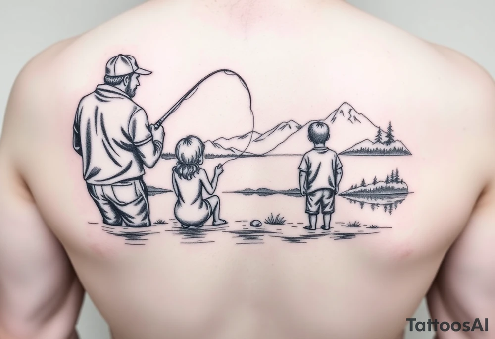 Dad fishing with 3 kids 
1Daughter and 2 sons
With lake and landscape tattoo idea