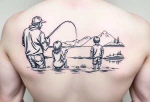 Dad fishing with 3 kids 
1Daughter and 2 sons
With lake and landscape tattoo idea