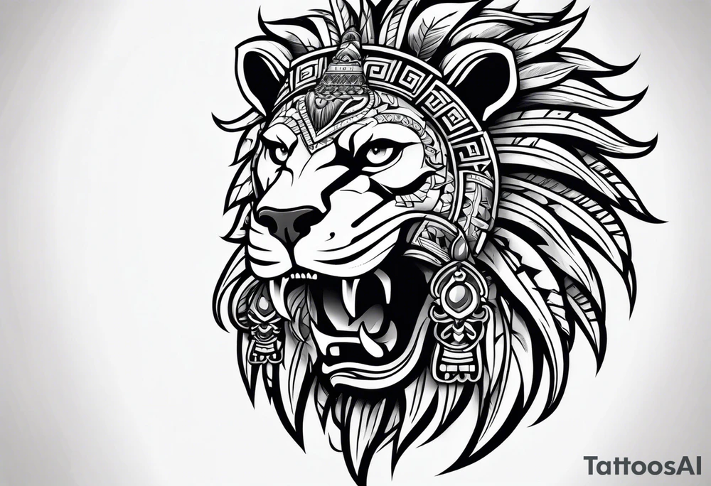 Aztec skull head wearing a Lion head tattoo idea