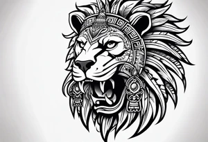 Aztec skull head wearing a Lion head tattoo idea