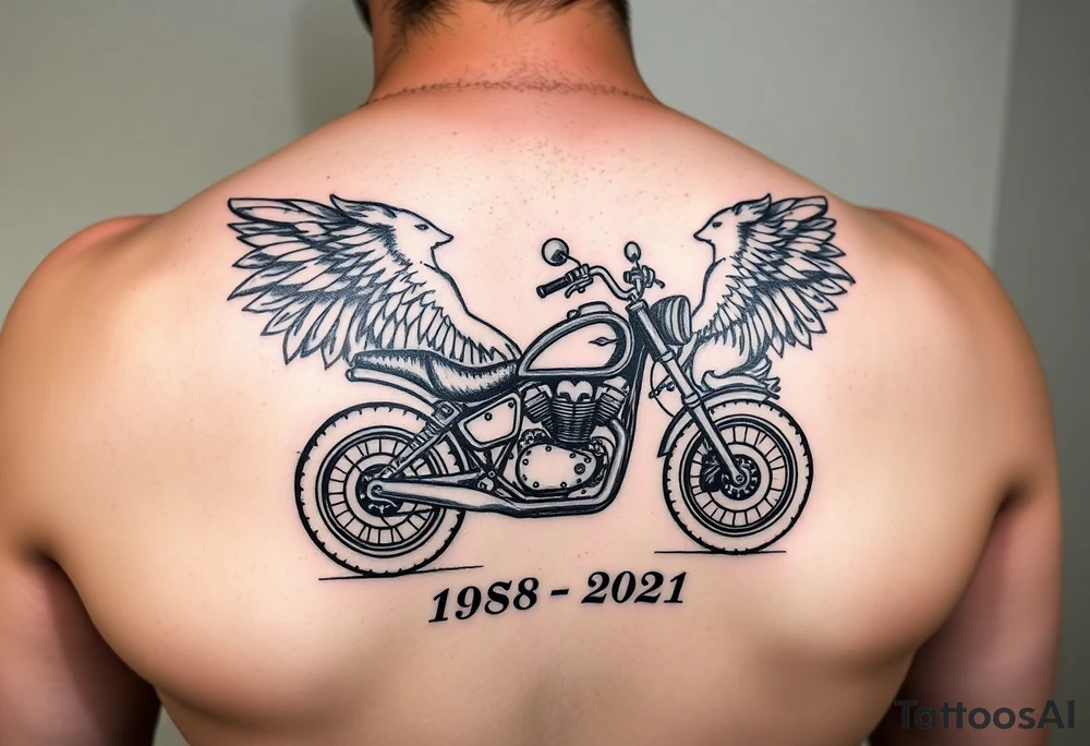 the year 1958 - 2021 with a motorcycle on it with guardian angel wolves tattoo idea