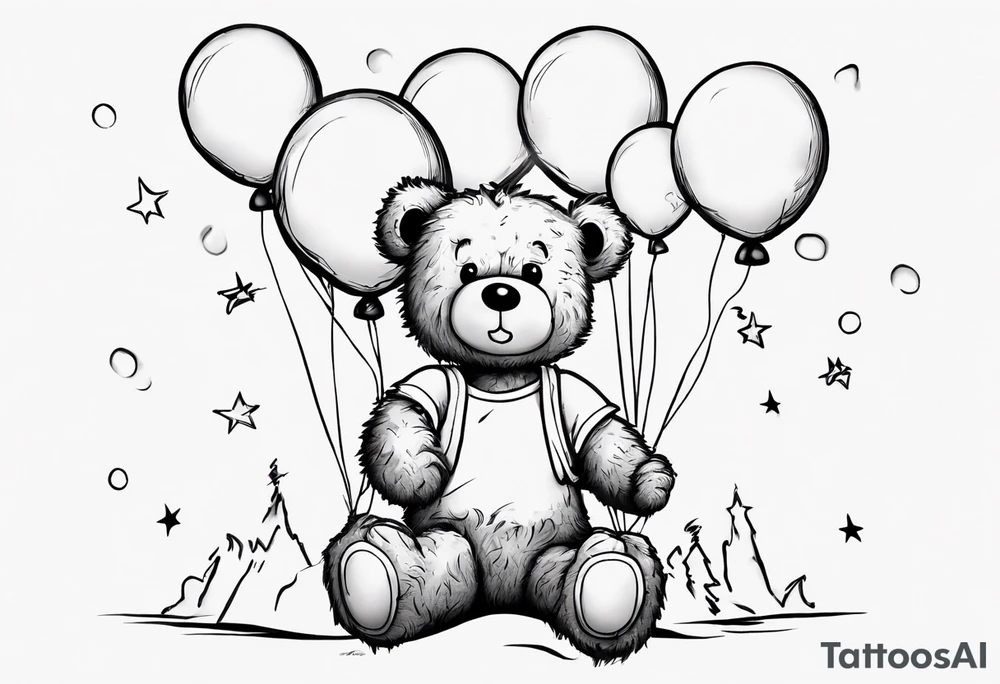 Scruffy teddy bear holding on to balloons and wearing a T-shirt saying ‘dream’ , going up to the sky tattoo idea