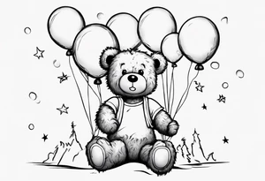 Scruffy teddy bear holding on to balloons and wearing a T-shirt saying ‘dream’ , going up to the sky tattoo idea