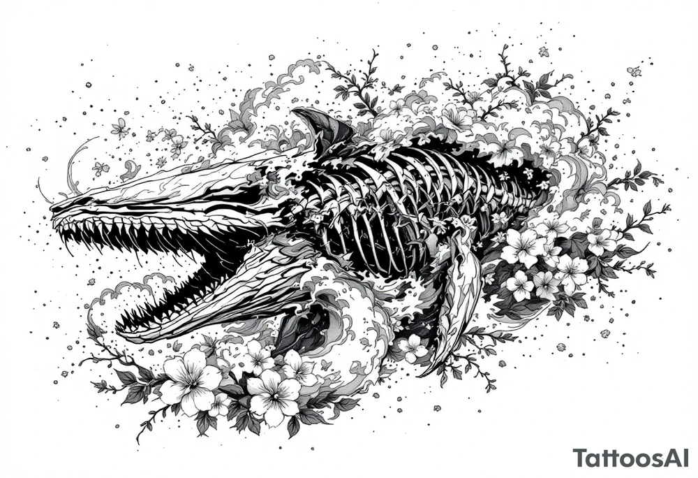 idea is basically a whale that's damaged and torn exposing the skeletal innerts, but it's still fiercely moving forward as hard as it can, swimming in waves and a bed of flower. contrasts, focus cherry blossoms, waves and fire tattoo idea