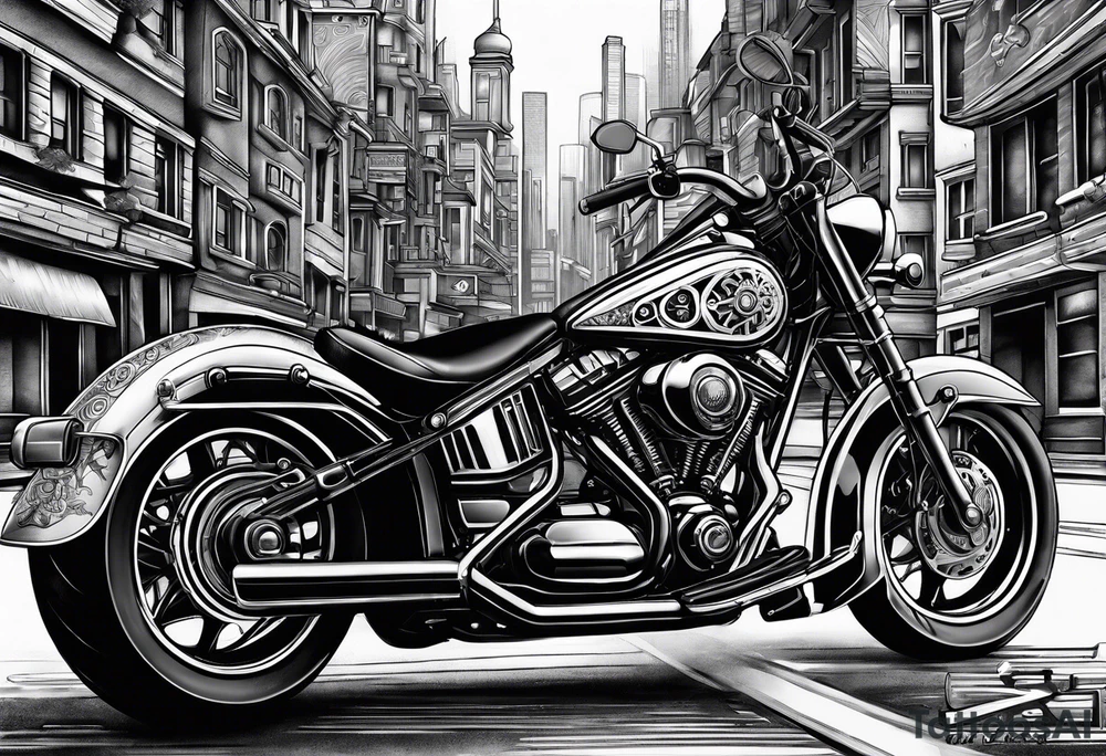 playing cards over a city with a motorcycle on the road tattoo idea