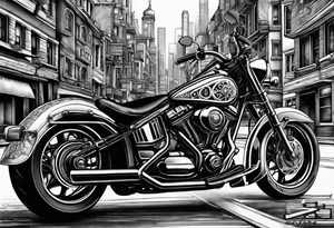 playing cards over a city with a motorcycle on the road tattoo idea